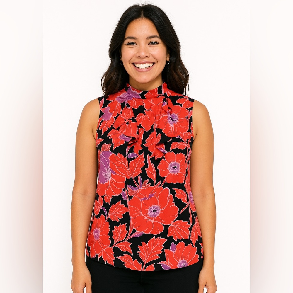 Who What Wear Bright Floral Ruffle Neck Sleeveless Blouse